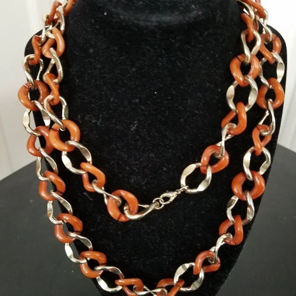 Chunky Gold Tone Link Necklace Coral Red Statement Jewelry Chain